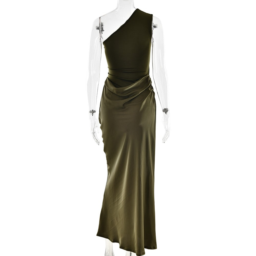 JULISSA MO Patchwork Satin Sexy One Shoulder Women Maxi Dress Brown Sleeveless E