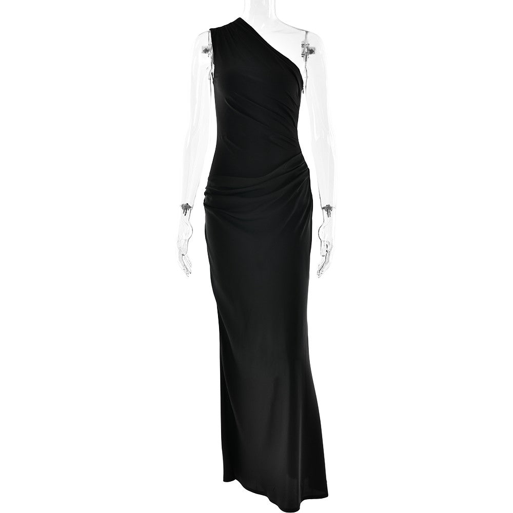 JULISSA MO Patchwork Satin Sexy One Shoulder Women Maxi Dress Brown Sleeveless E