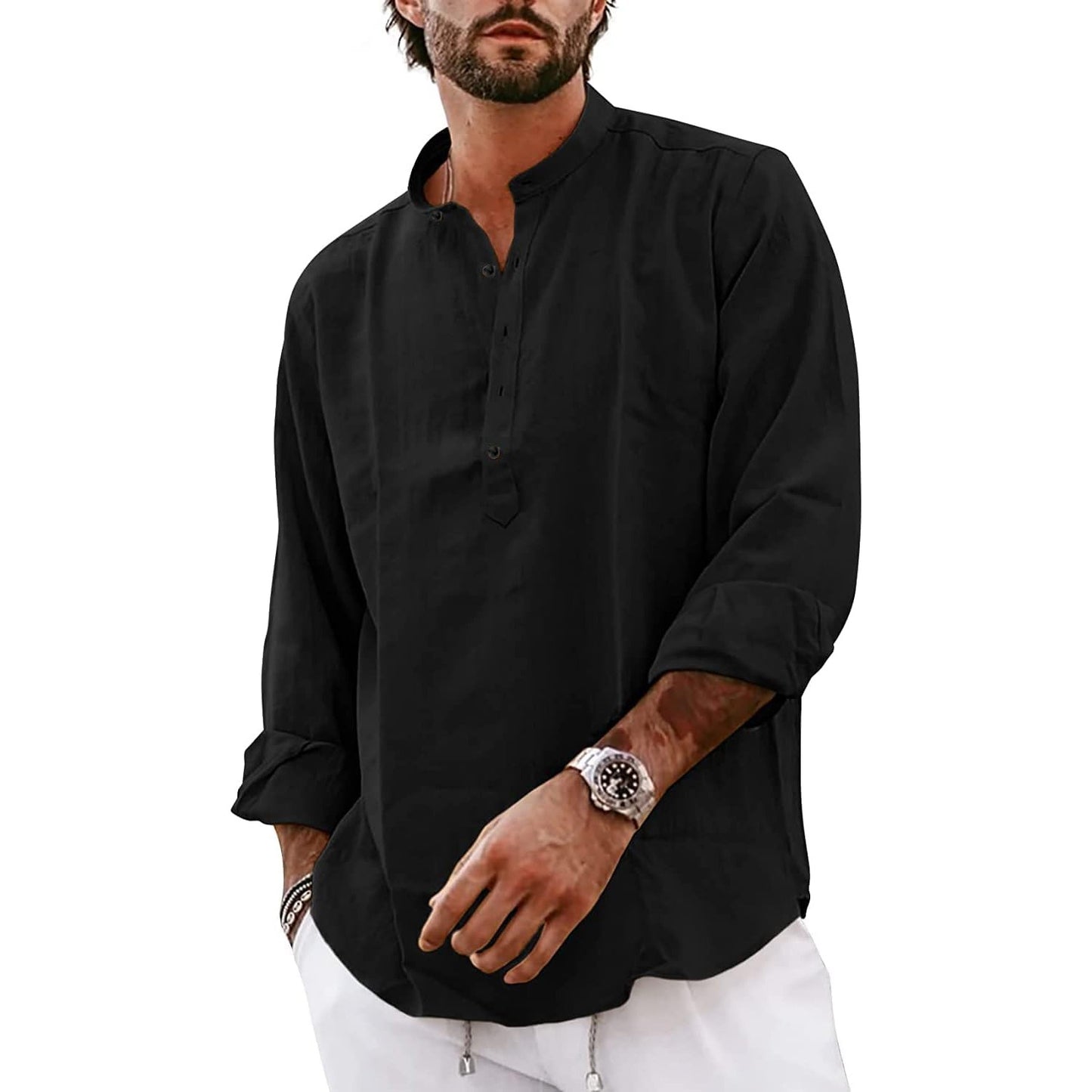 Streetwear Mens Cotton Linen Shirts Casual Lightweight Long Sleeve Henley Shirts for Men Beach Hawaiian Breathable T Shirts