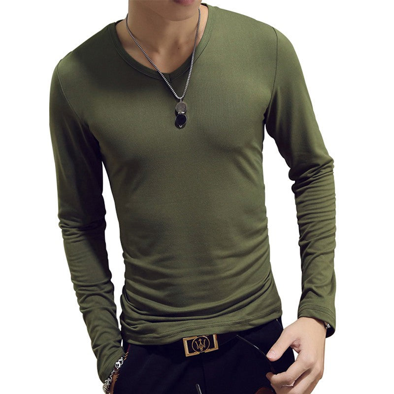 White Solid Color Basic Slim Men T-shirt Spring Autumn Bottoming Shirt Men Round Neck V-neck Casual Tops Long-sleeve Shirts