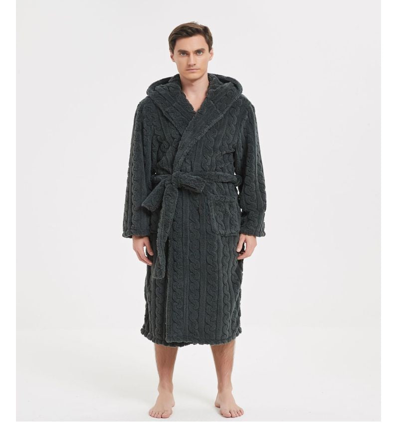 New American Cotton Velvet Jacquard Hooded Men's Dressing Gown with Fleece Thickened Autumn and Winter Couple Dressing Gown