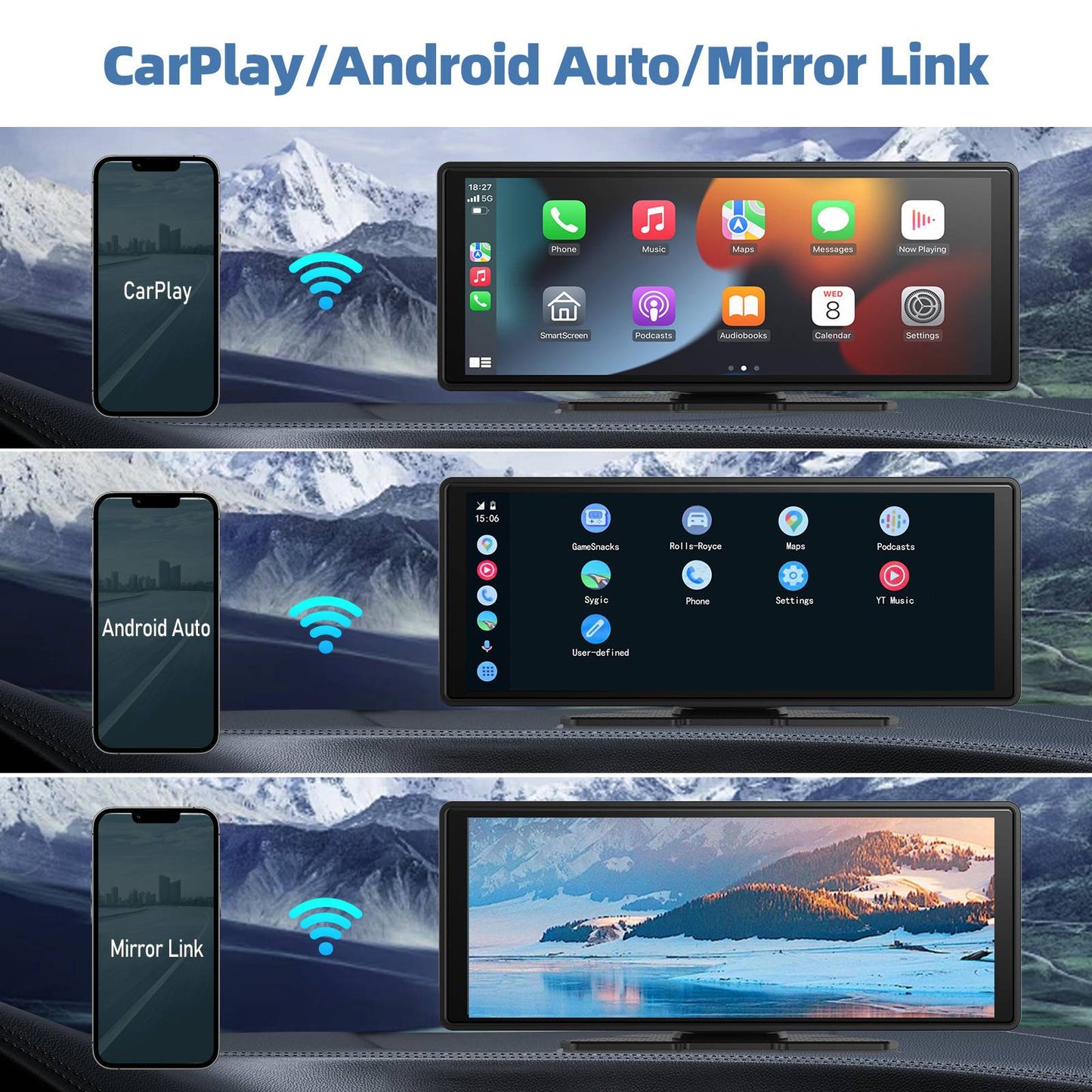Central Multimídia Portátil Sem Fio com Carplay, Tela Sensível ao Toque HD de 10,26" para Carro com CarPlay e Android Auto com Mirror Link/Câmera de Ré