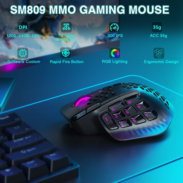 Mouse Gamer Sem Fio SOLAKAKA SM809 Pro MMO PAW3311 16 Botões Laterais 24000 DPI RGB Colmeia Macro Programável Mouse sem fio
