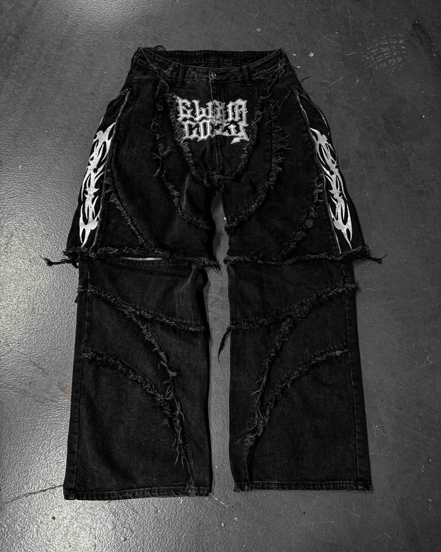 Elixir X Cozy Detachable Jeans Retro Punk Streetwear Ziipper Patchwork Stripe Denim Pants Men Black Baggy Hip Hop Splicing Jeans