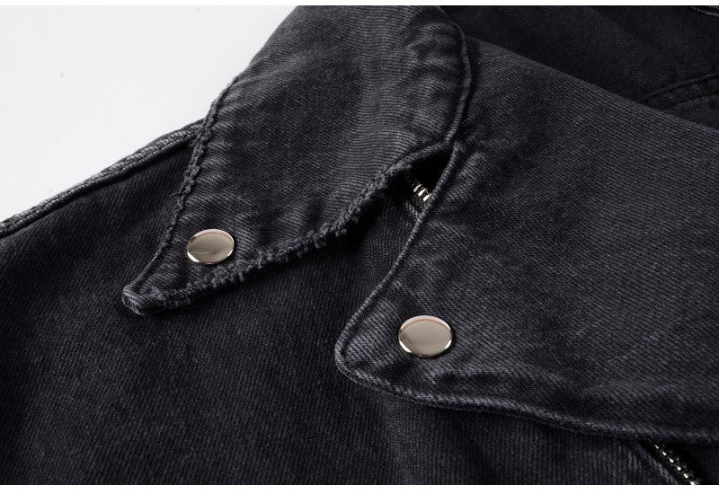 Sokotoo Men's zippers black biker jean jacket Streetwear thick denim slim coat with belt High quality