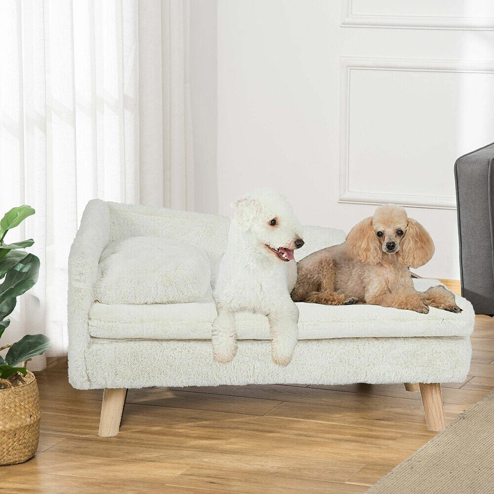 Cama Elevada para Pets Sofá de Cachorro Gato com Pernas de Madeira Sólida para Ambientes Internos Sofá em L de Pelúcia com Almofada Macia