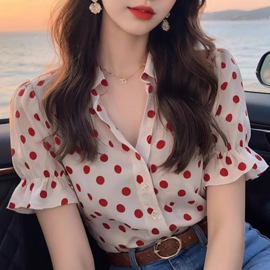 Ladies Fashion Loose Simplicity Elegant Trend Vintage Women's Shirt Buttons Polka Dot Flare Sleeve Temperament Short Sleeve Top