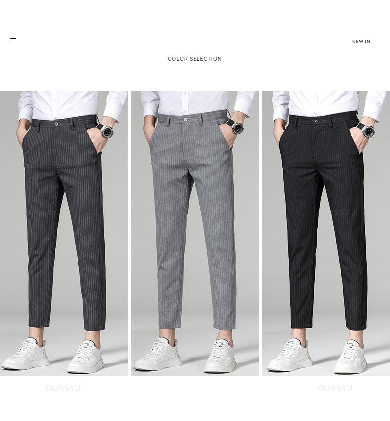 High Quality Plaid Stripe Ankle Length Pants Men Business Long Length Pant Straight Korea Grey Black Suit Formal Trousers Male