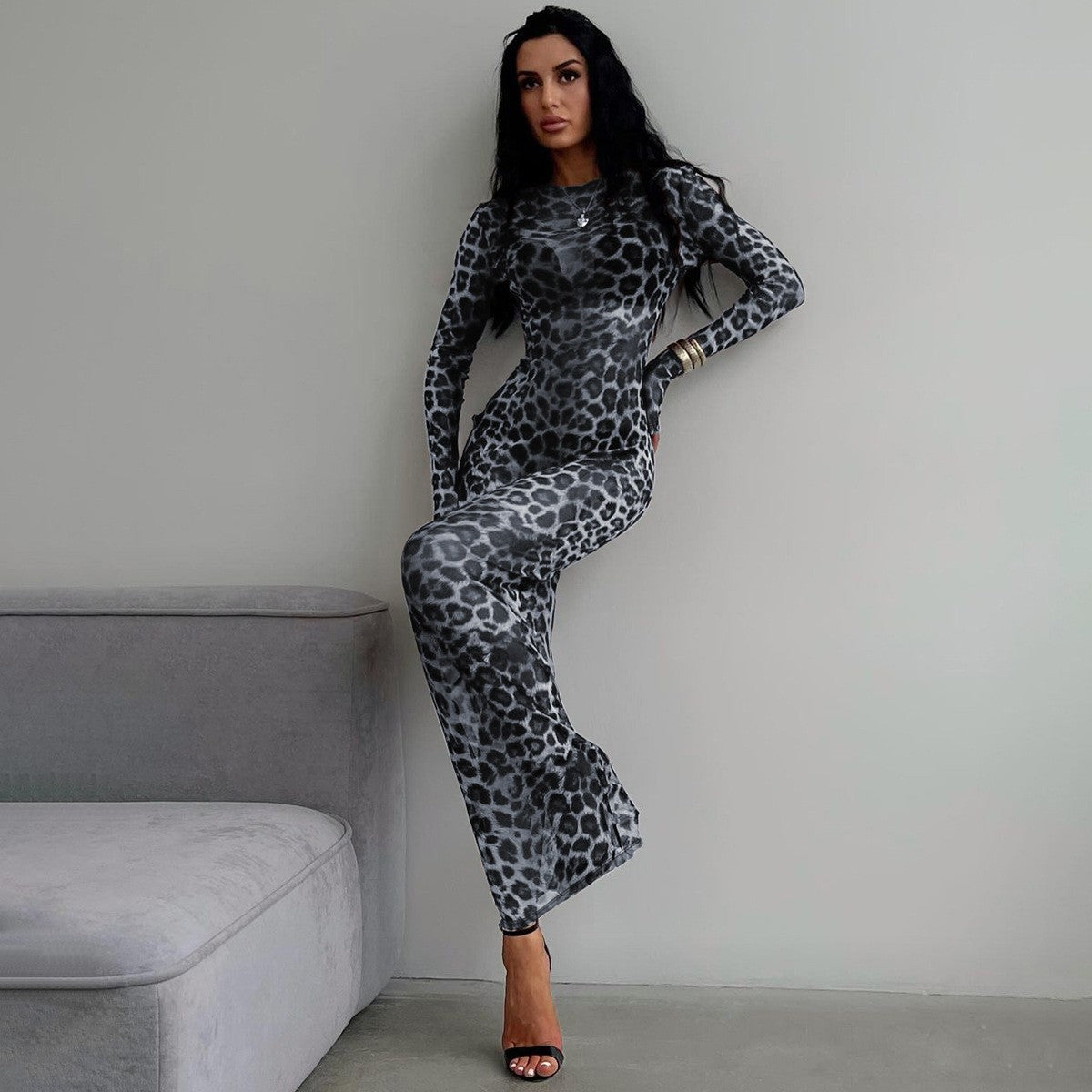 Hugcitar Leopard Print Mesh Long Sleeve Sexy Slim  See Through Maxi Dress Fall W
