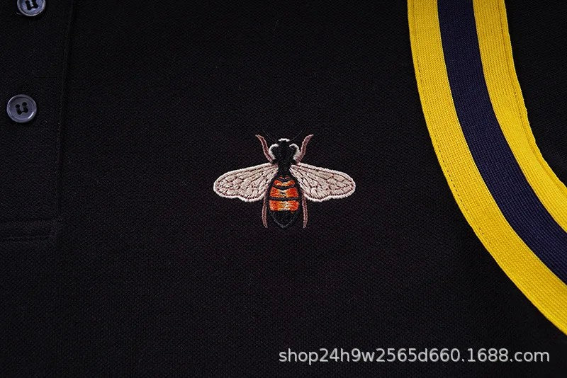 Trendy Gg European American Style Embroidered Small Bee Black Short Sleeve Stand Collar T-shirt Loose Fit Polo Shirt