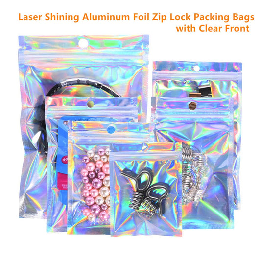 100pcs One Side Clear Laser Shiny Aluminum Foil Zip Lock Bags Reflective Holographic Self-sealing Pouch for Fashion Accessories