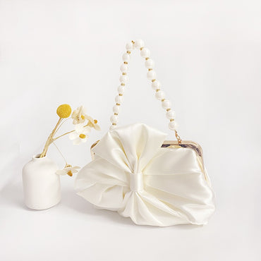 Fashion Bride Beige Women Satin Evening Banquet Clutch Bag Wedding Purse Party Bowknot Day Handbag Elegant Purse