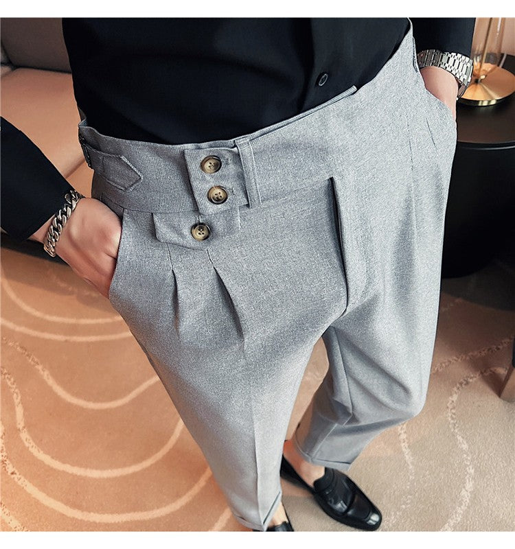 British Style Spring New Solid Business Casual Suit Pants High Waist Button Men Formal Pants High Quality Slim Office Trousers
