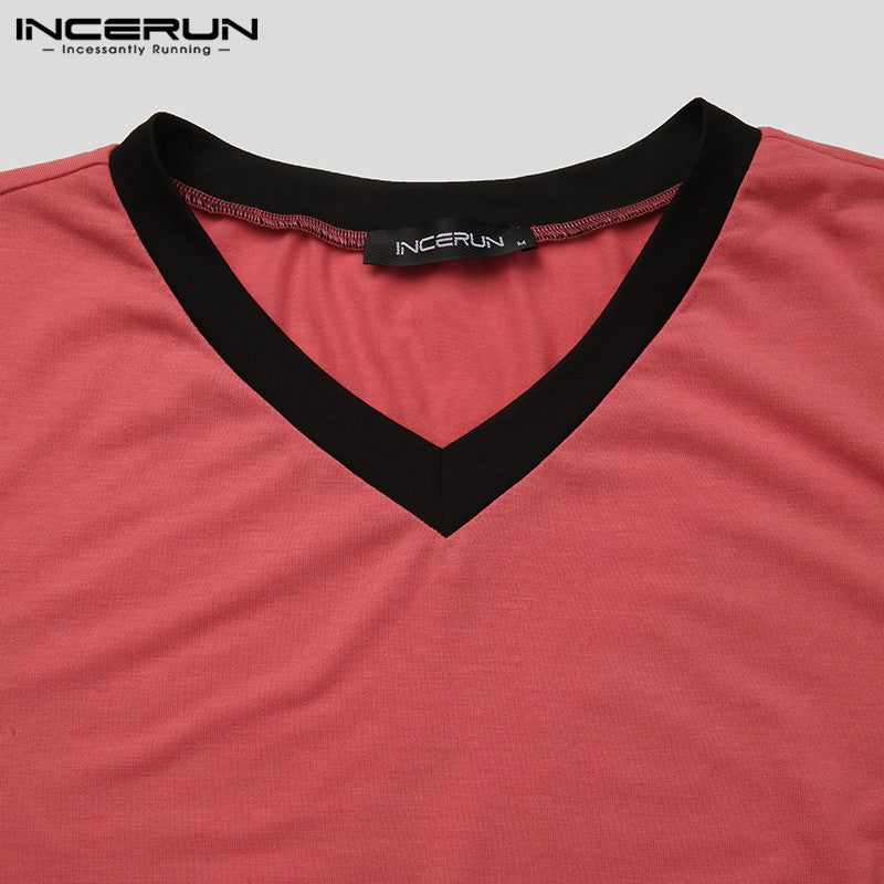 INCERUN 2024 Men Sleep Robes Short Sleeve V Neck Nightgown Patchwork Cozy Homewear Fashion Loose Mens Bathrobes Dressing Gown