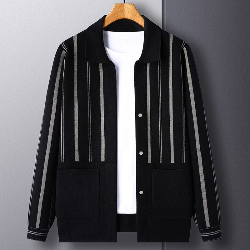 Knitted Cardigan Men's Minimalist Black and White Sweater Autumn and Winter New Slim Fit Sweater Youth Striped Jacket