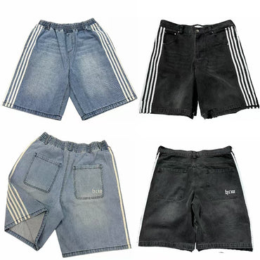 Y2K Denim Shorts Mens Womens HCW Striped Embroidery Retro Loose Summer Shorts Harajuku Hip Hop Casual Gym Shorts Streetwear New