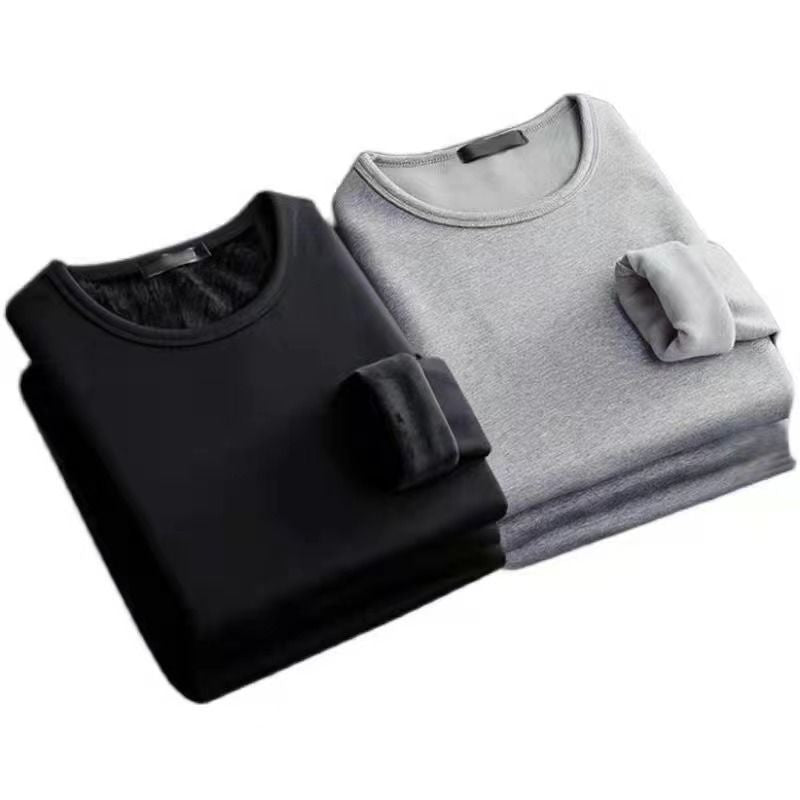 2PCS Men's Underwear Winter Long-sleeved Thermal Underwear Plus Velvet Padded T-shirt O-Neck Solid Color Slim Bottoming Shirt