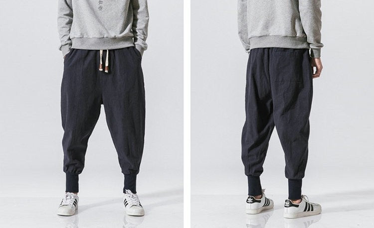 Cotton Linen Harem Pants Men Solid Elastic Waist Streetwear Joggers New Baggy Drop-crotch Pants Casual Trousers Men