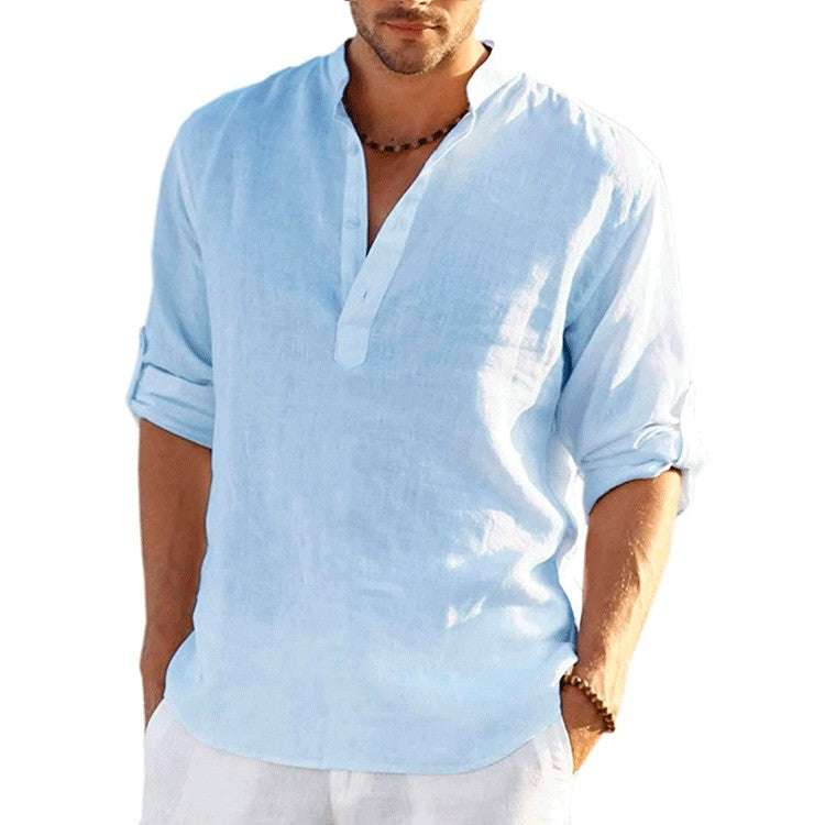 2023 New Men's Linen Long Sleeve Breathable Shirt Solid Color Casual Basic Cotton Linen Shirt Tops S-5XL