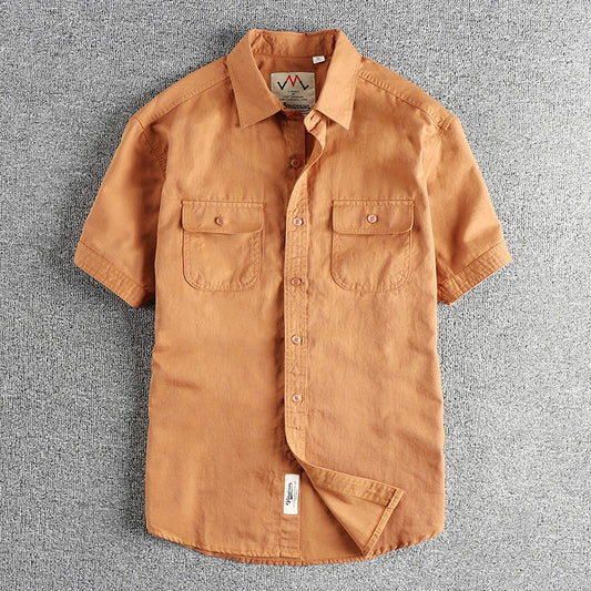 2024 Summer New American Retro Short Sleeve Lapel Cargo Shirt Men's Simple 100% Cotton Washed Double Pockets Casual Blouses