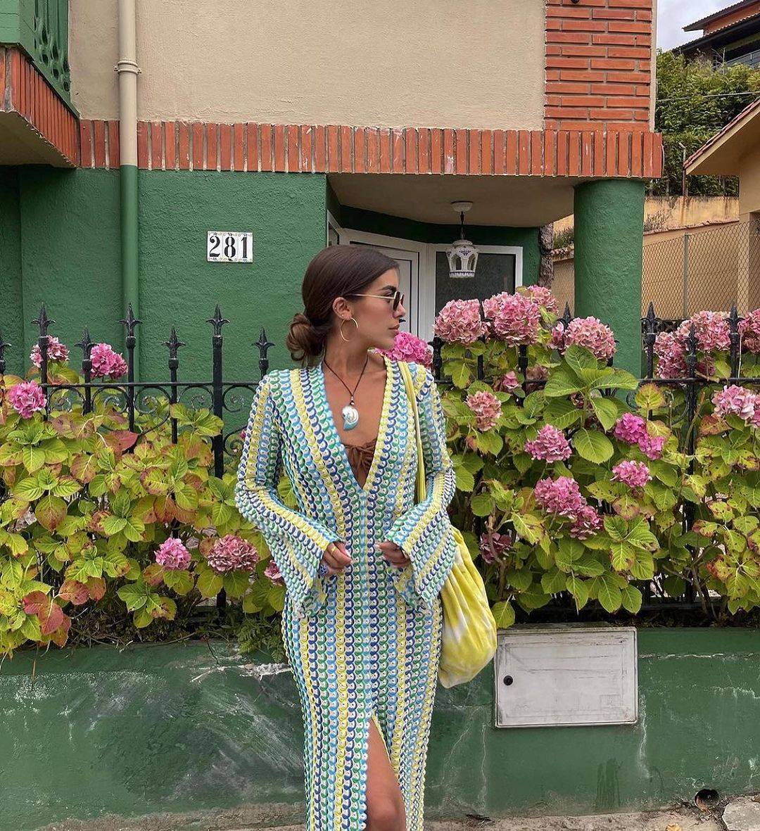 Crochet Colorful Stripe Maxi Dress Women Flare Sleeve V-neck High Split Sexy Lon