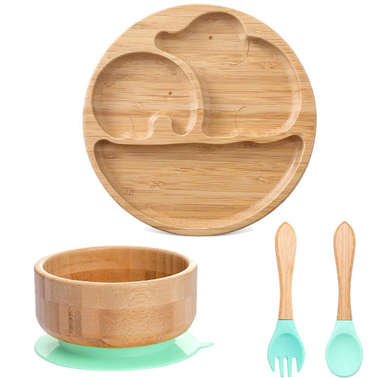 4pcs Bamboo Plate Sets Baby Feeding Bowl Wooden Kids Feeding Supplies Spoon Fork for Baby Tableware Suction Plate Bowl Cup