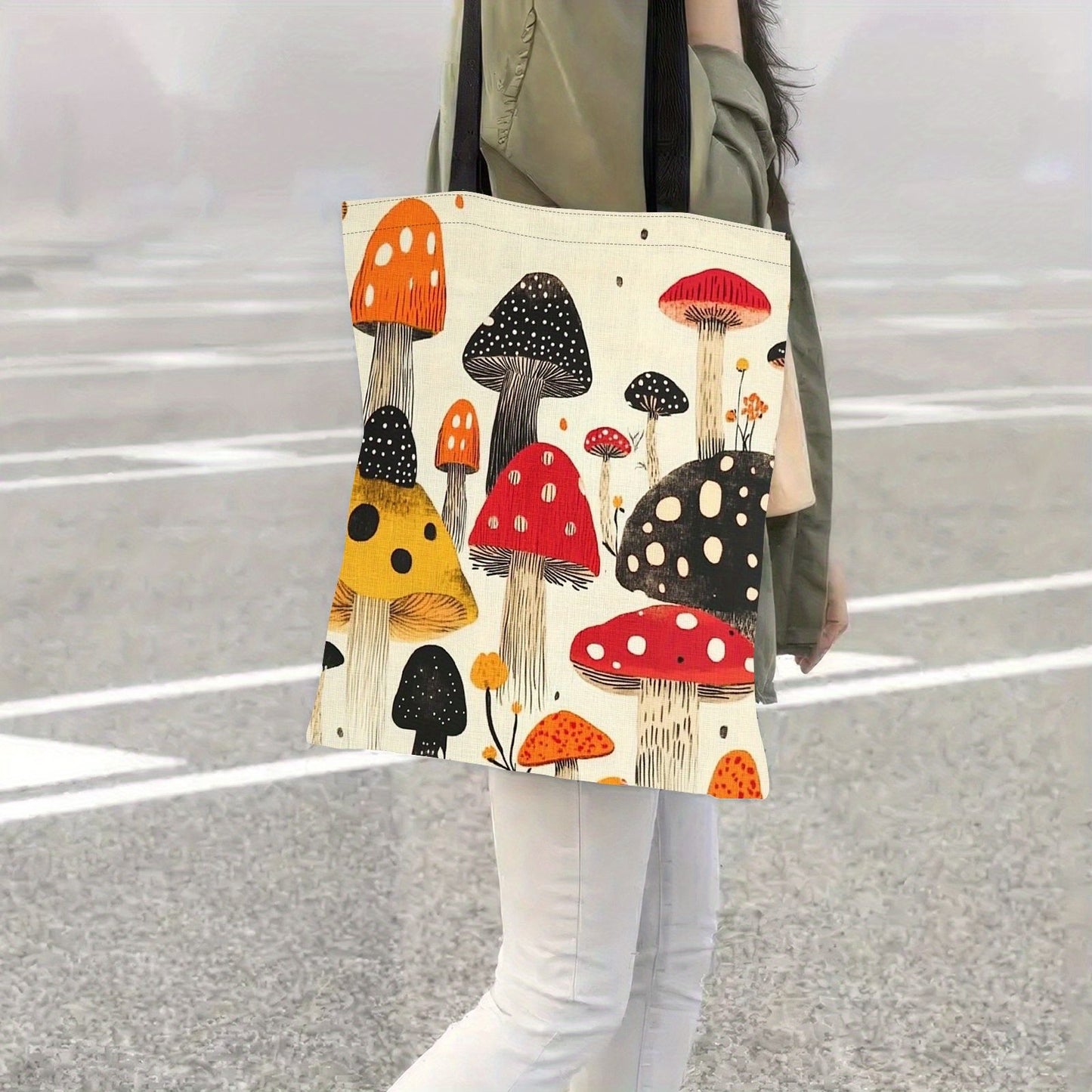 Chic Mushroom Print Canvas Tote Bag - Spacious & Durable Shoulder Bag for Shopping