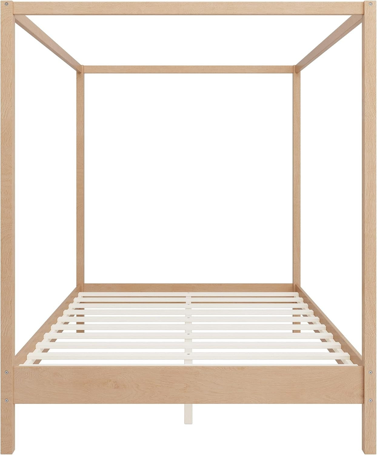 Estrutura de Cama Queen Size com Dossel, Cama Plataforma com Quatro Colunas e Suporte de Ripas, Madeira Maciça de Pinus e Engenheirada, Sem Necessidade de Box Spring N