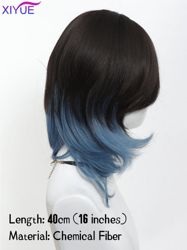 XIYUE synthetic Black And blue Mullet Head Wig Synthetic Straight Fluffy Natural Wolf Tail Hair for Daily Use Party Cosplay