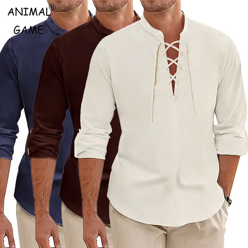 Men's Casual Long Sleeved TShirt Autumn Medieval Vintage Cotton Linen Shirts Halloween Streetwear Breathable Lace-up Streetwear