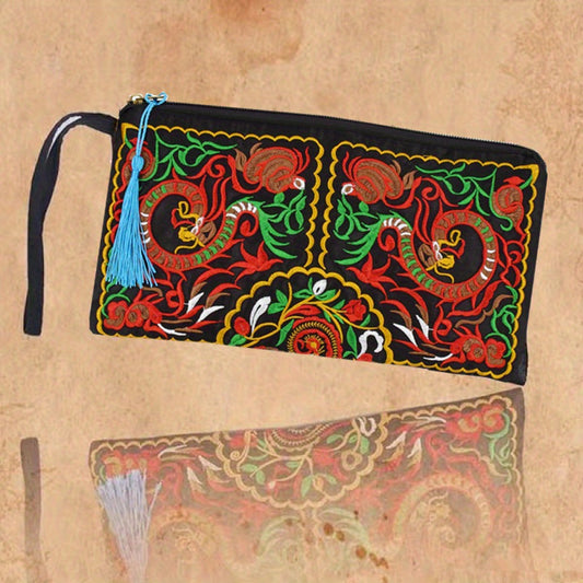 Carteira Longa Bordada Estilo Étnico Vintage com Tecido Floral e Bolso para Celular