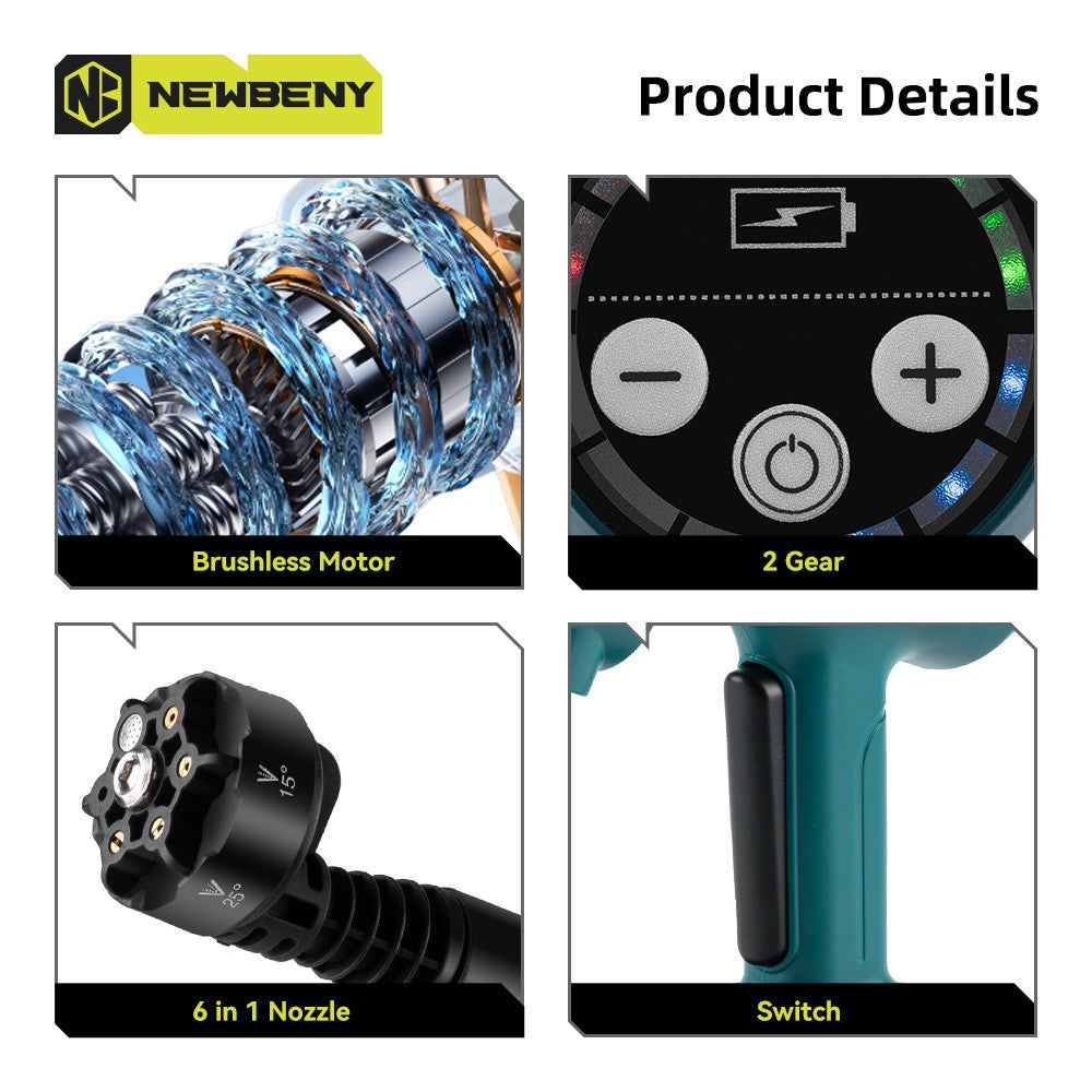 NEWBENY 200Bar Brushless High Pressure Car Washer Gun 6 IN 1 Electric Garden Washing Water Wash Spray Gun For Makita Battery Pin