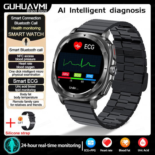 Novo Relógio de Saúde Ácido Úrico Pressão Arterial Oxigênio no Sangue Análise Corporal Gordura Corporal Smartwatch ECG+PPG Chamada Bluetooth Relógio Mulheres Homens