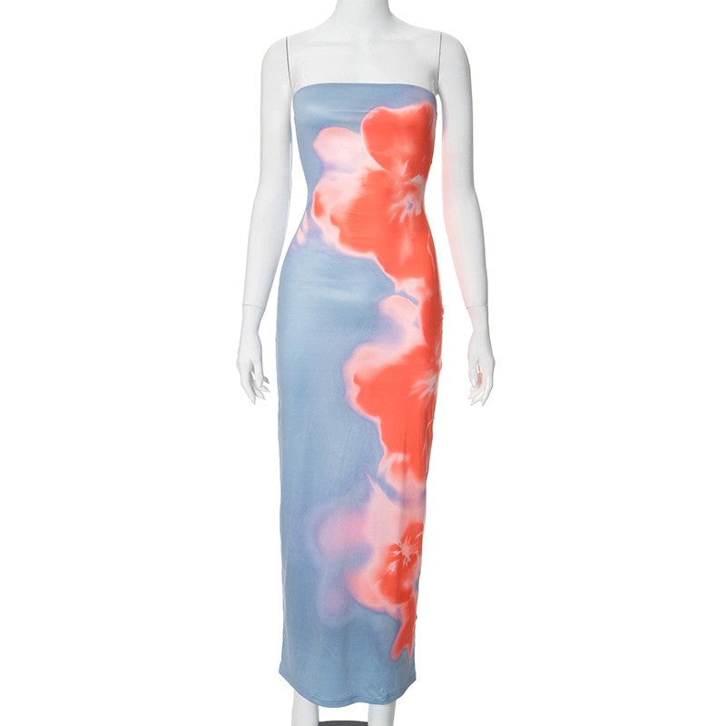 Sexy Strapless Print Tube Maxi Dress Women Off Shoulder Backless Stretch Long Su