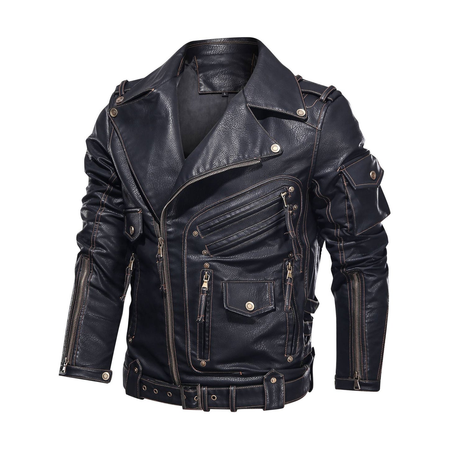Winter Motorcycle PU Leather Jacket Fashion Cool Zipper Pockets Leather Coats Men Fashion Winter Clothing Mens Leather Jacket