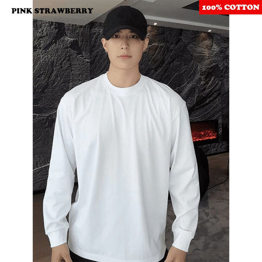 100% Cotton White Long sleeve T-shirt Men Autumn 2025 New Solid color High quality Loose Casual Black Tee Y2k Top Men clothing