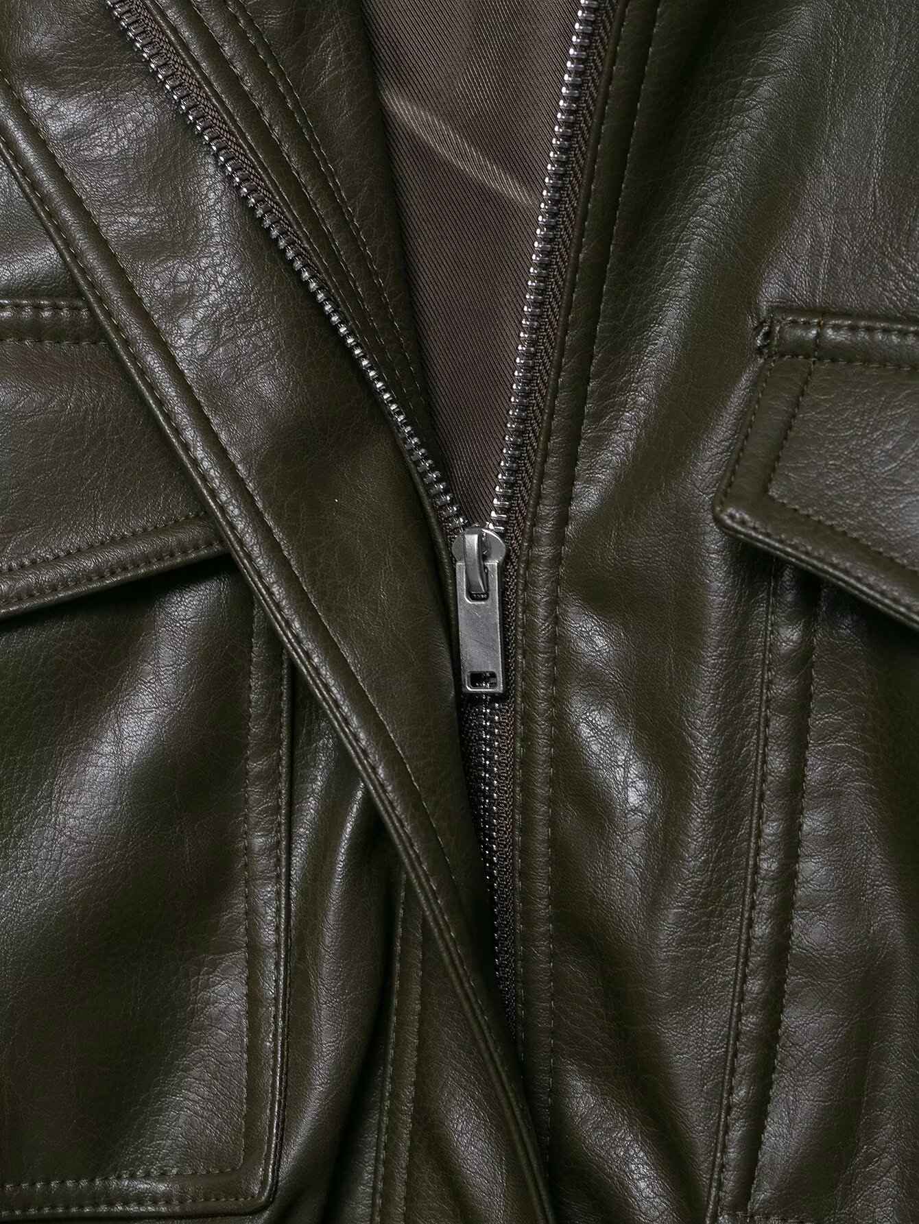 HH Women Large Front Pocket Jacket Vintage Solid Turtleneck Long Sleeve Zipper Faux Leather Jacket Fashion High Street Lady Coat