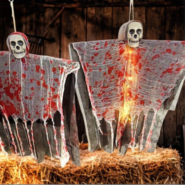 Halloween Party Hanging Skull Skeleton Ghost Ornament Horror Props Haunted House Decorations With Light Outdoor Decorations