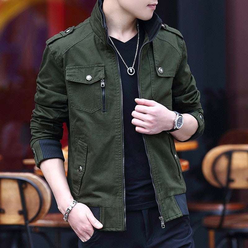 Korean Fashion Stand-up Collar Denim Cargo Coat 2023 Spring Autumn New Men's Jacket Men's Zipper Pocket Stitching Slim Jacket