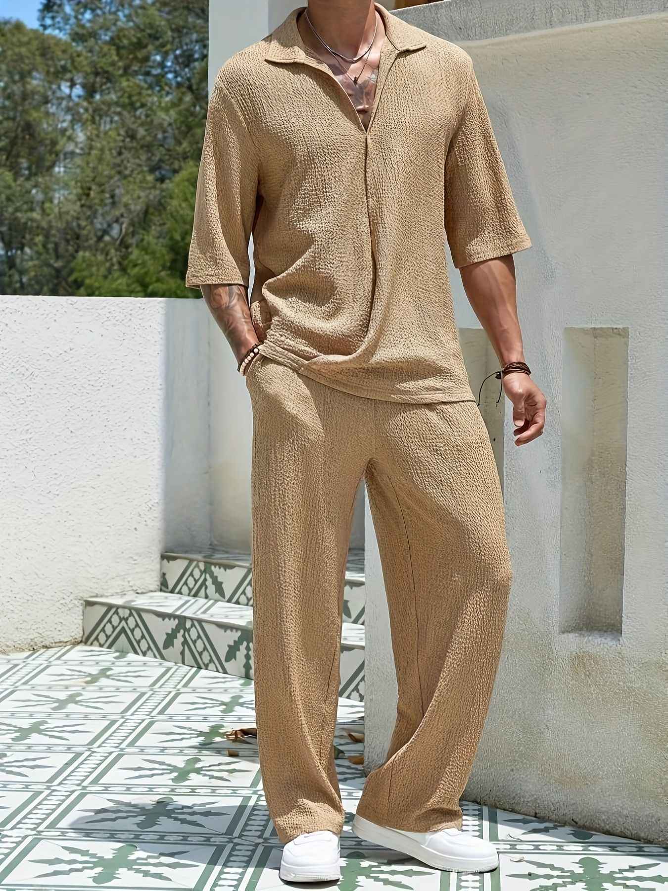 2025 Europe and the United States men's new spring half-sleeve shirt pants solid color suit V-neck design