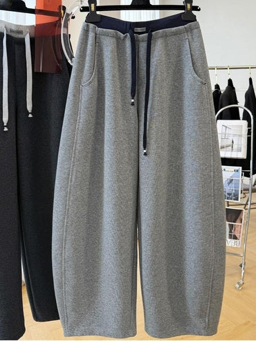 Patchwork Drawstring High Waist Wide Leg Pants for Women Spring and Autumn Curved Hem Trousers