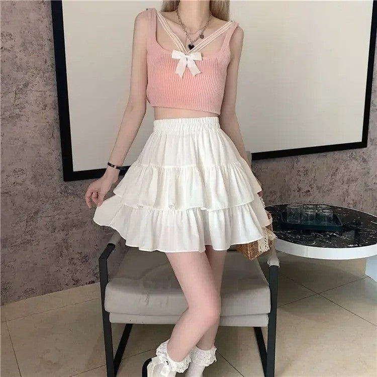 Pleated A-line Skirt White Women Ruffles Sweet Hottie Preppy Style Elastic Elast