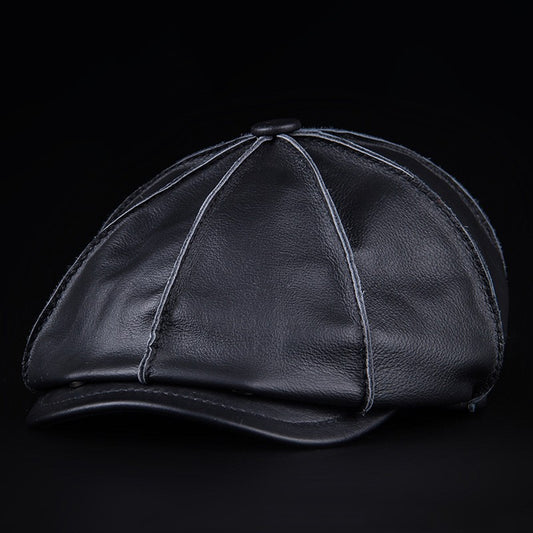 Men's Genuine Leather Warm Octagonal Cap Elegant Adjustable Newsboy Beret Cowhide Tongue Cap