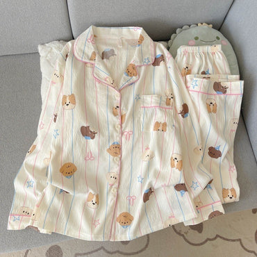 Harajuku Style Kawaii Sweet Loungewear 2 PC Set Line Star Dog Print Cute Casual Women's Pajamas Autumn Long New Fashion Homewear