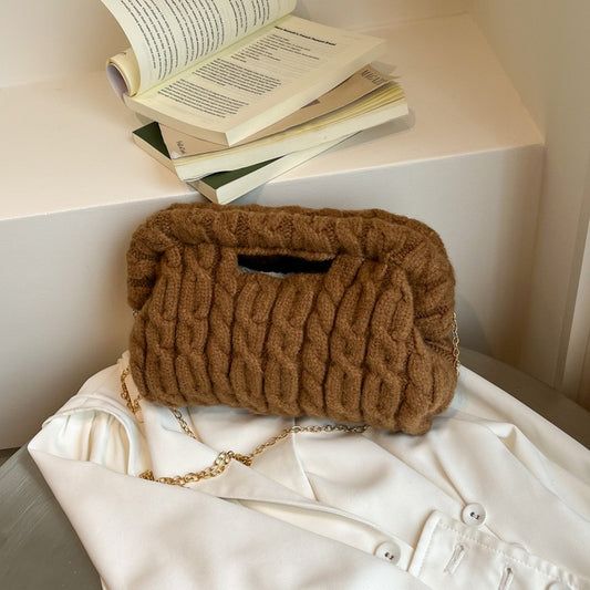 Women Knitting Chain Shoulder Bags Trend Crochet Clutch Purse Plush Cloud Handbags Autumn Winter Travel Daily Crossbody Bags
