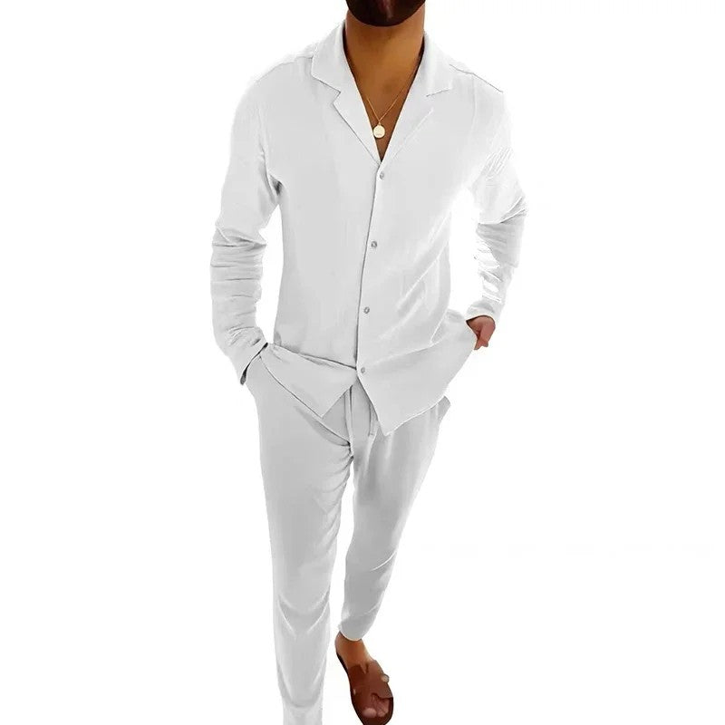 All Match Men's Tracksuit Fashion Solid 2024 Two Piece Slim Suit Autumn New Long Sleeve Button Shirts Top&Drawstring Pants Set