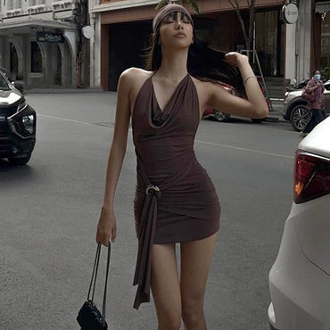 WhereMery Vintage Brown Low-cut Backless Mini Dress Y2K Women Bandage Pleated A-