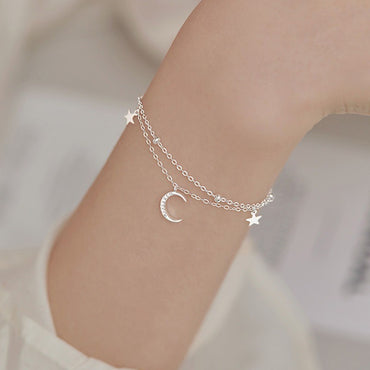Sparking 925 Sterling Silver Star Moon Bracelets For Women Girls Vintage Korean Crystal Bracelets Party Charm Jewelry Gifts
