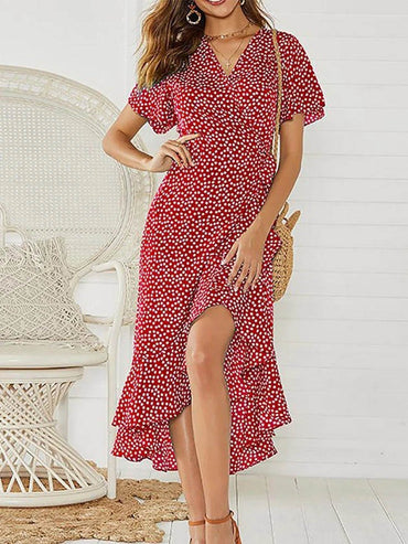 Summer Beach Maxi Dress Women Floral Print Boho Long Chiffon Dress Ruffles Wrap