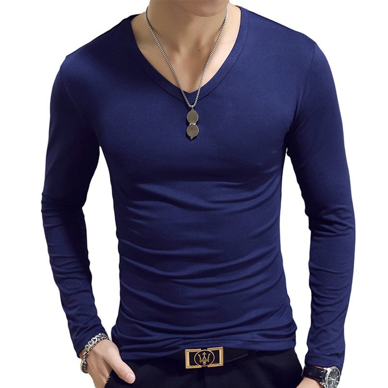 White Solid Color Basic Slim Men T-shirt Spring Autumn Bottoming Shirt Men Round Neck V-neck Casual Tops Long-sleeve Shirts